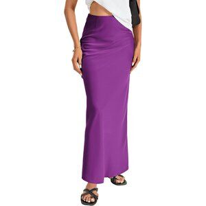 Women's Solid Dark Purple Elegant Satin Silky Zipper Flowy A Line Maxi Skirt